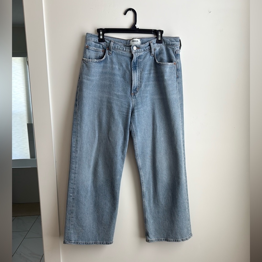 Agolde High Rise Straight Leg Jeans in Light Blue Wash